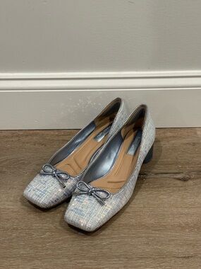 Franco Sarto Silver Tweed Block Heel Pumps with Bow